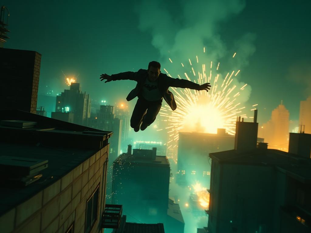 AI action movie still of a hero leaping between rooftops with sparks