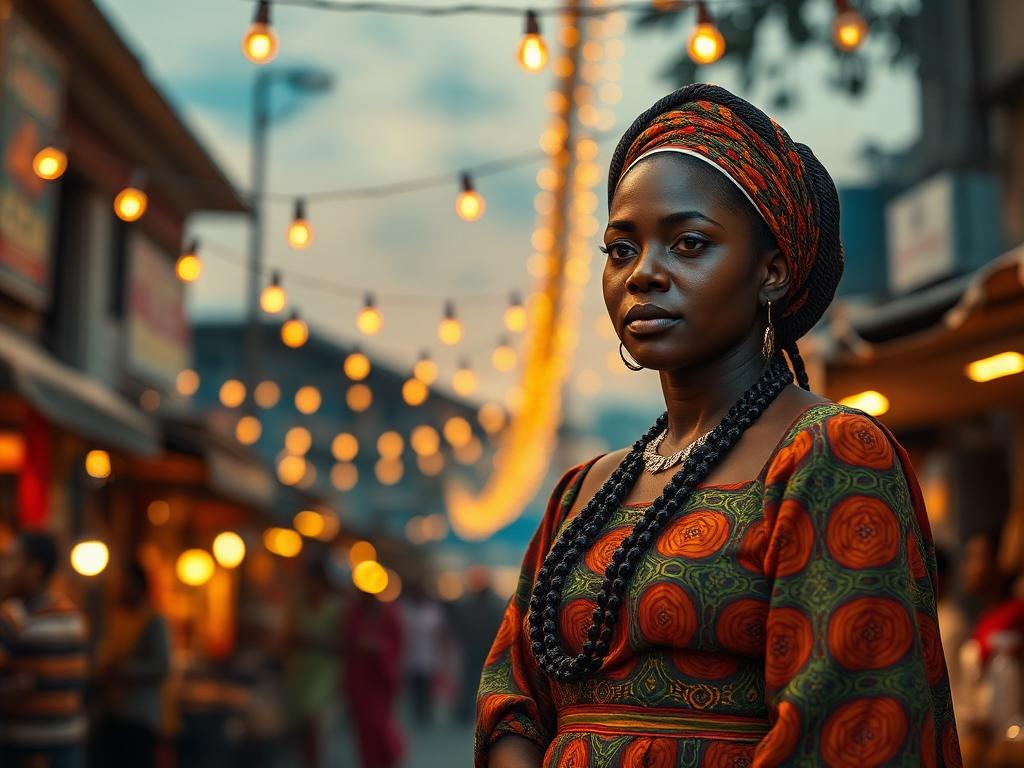 Cinematic African story still of a woman in traditional attire in a Lagos market
