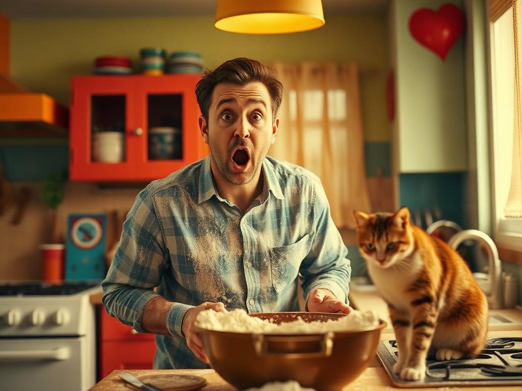 AI comedy movie still of a man in a chaotic kitchen with a cat