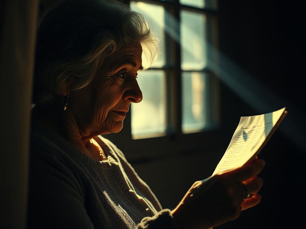 Emotional AI movie still of an elderly woman reading a letter by a window