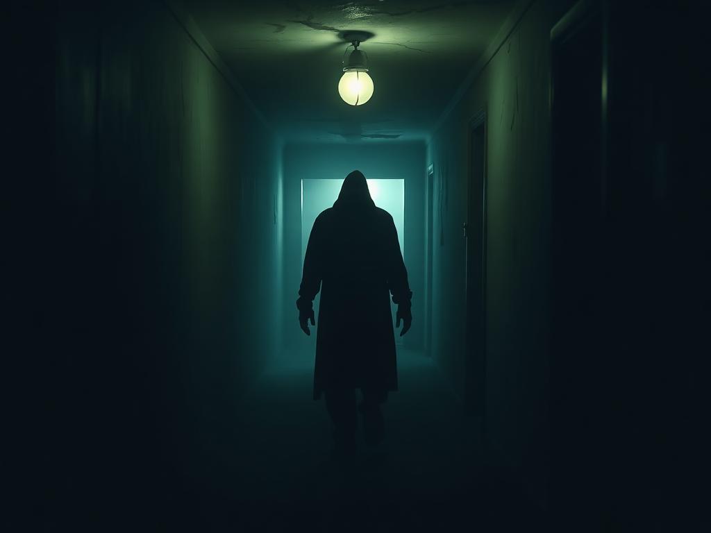 AI horror movie still of a shadowy figure in a dark hallway