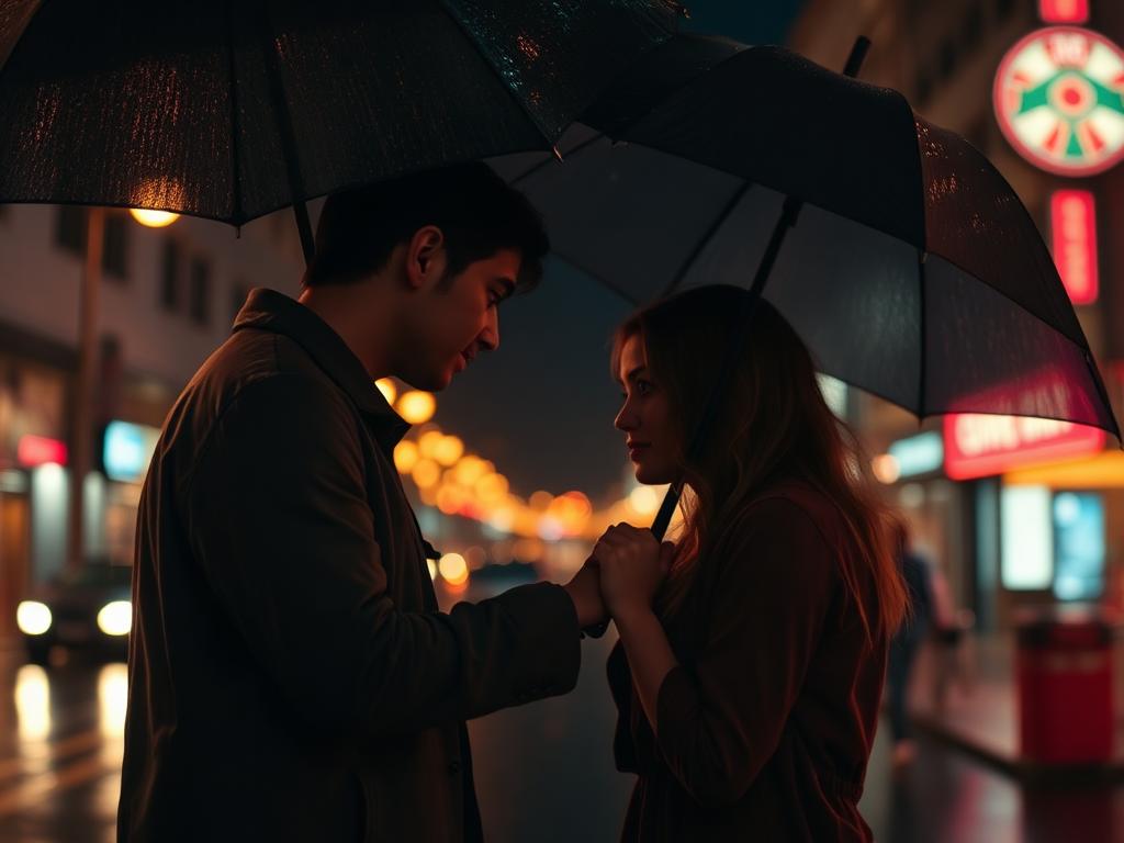 AI romance movie still of a couple under an umbrella at night