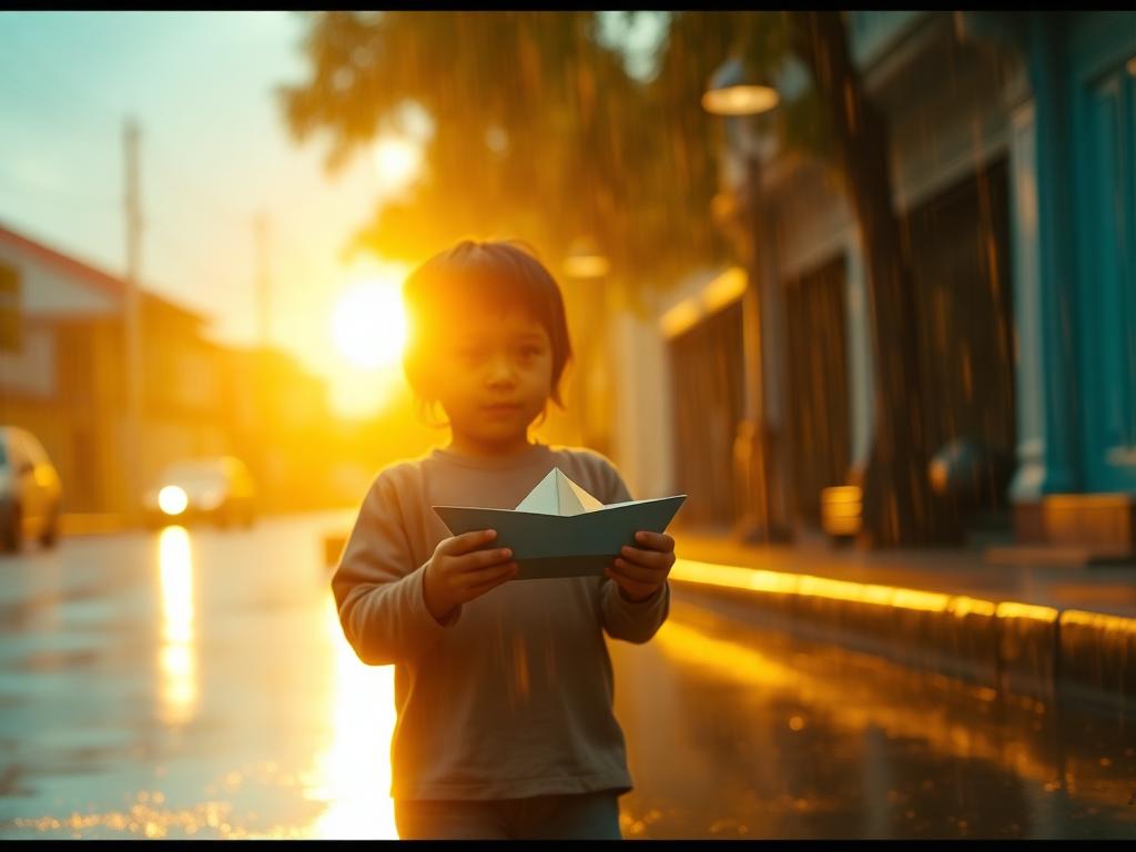 Cinematic AI short film still of a child with a paper boat at golden hour