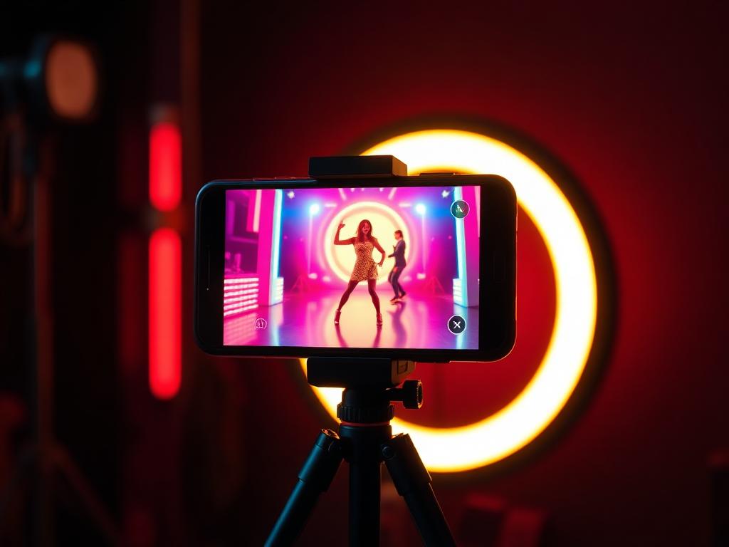 Smartphone filming an AI-generated dance video for social media