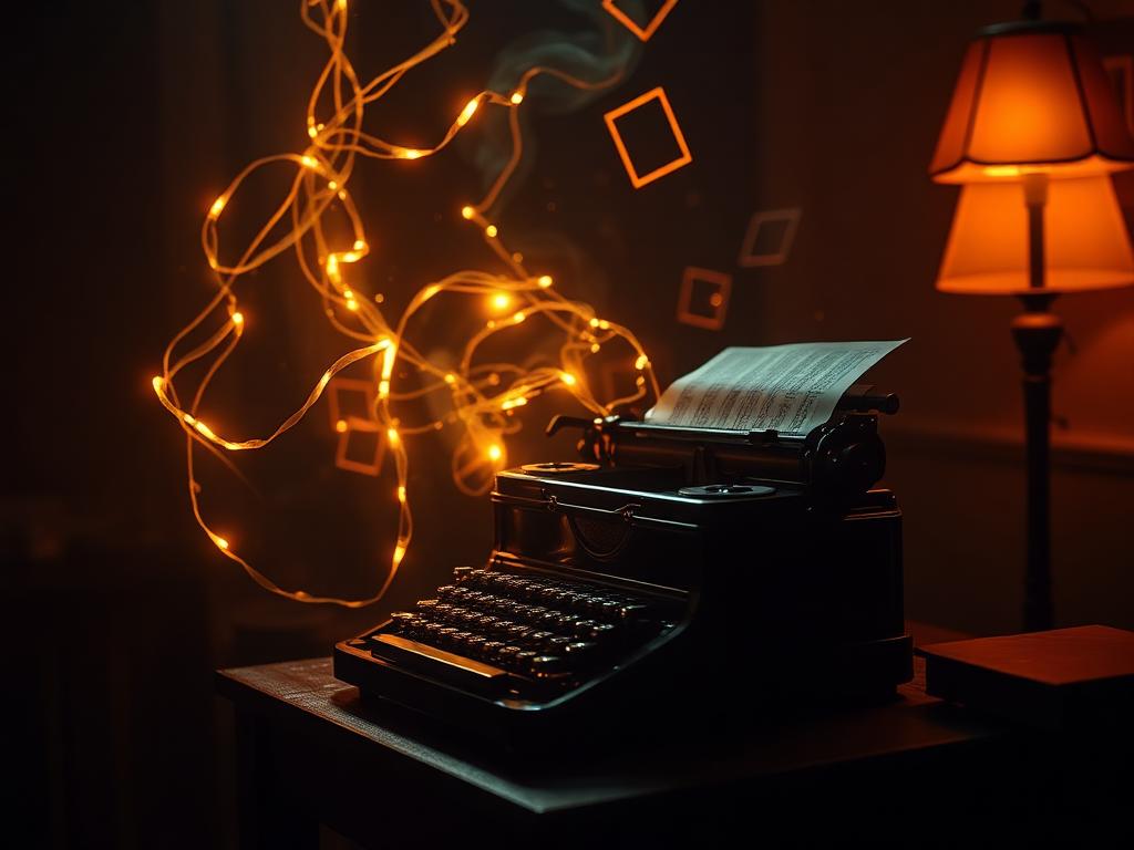 Glowing story threads rising from a typewriter symbolizing cinematic storytelling